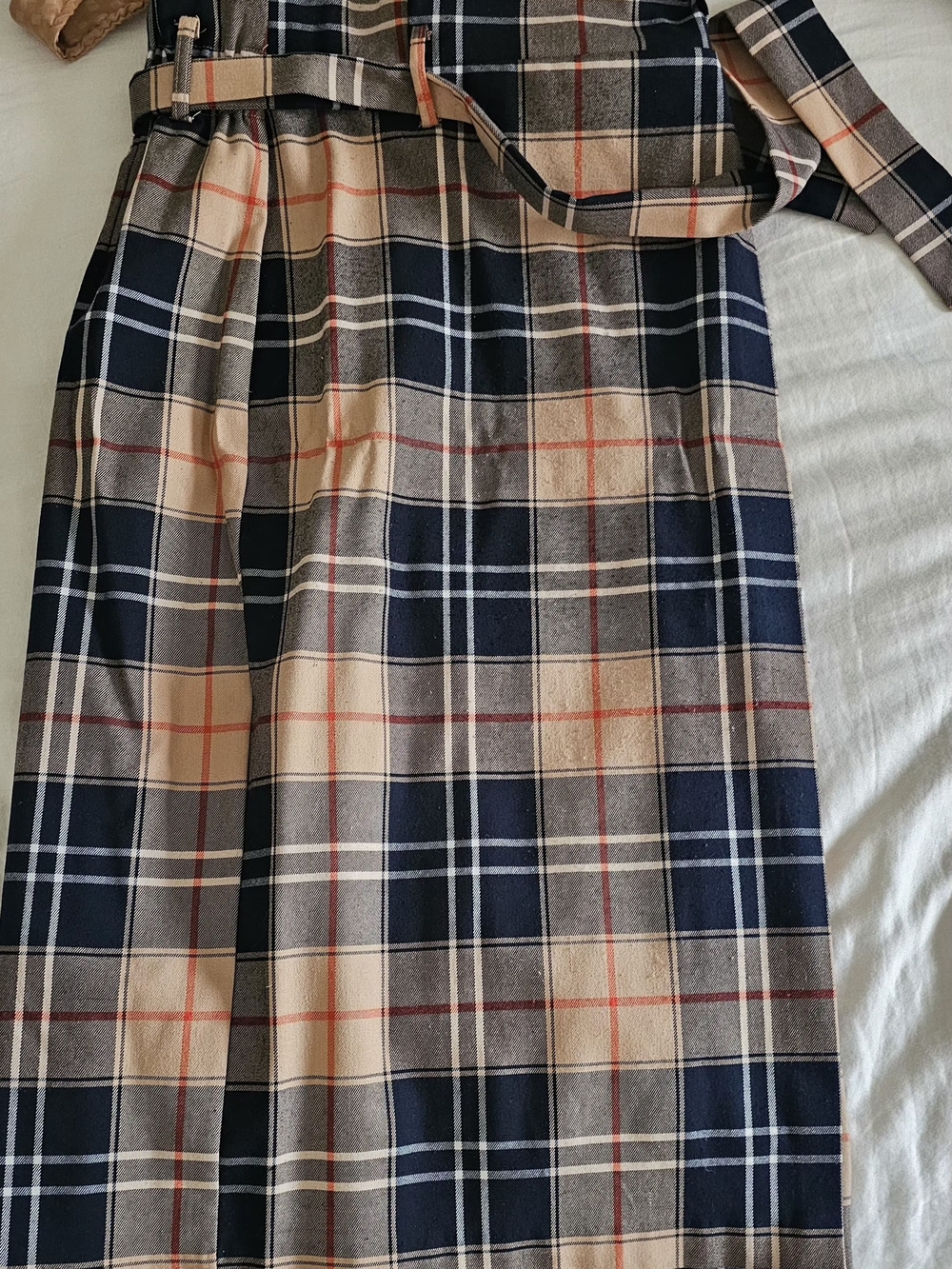 H&M Plaid Belted Midi Skirt in Navy, Beige and Red Accent
